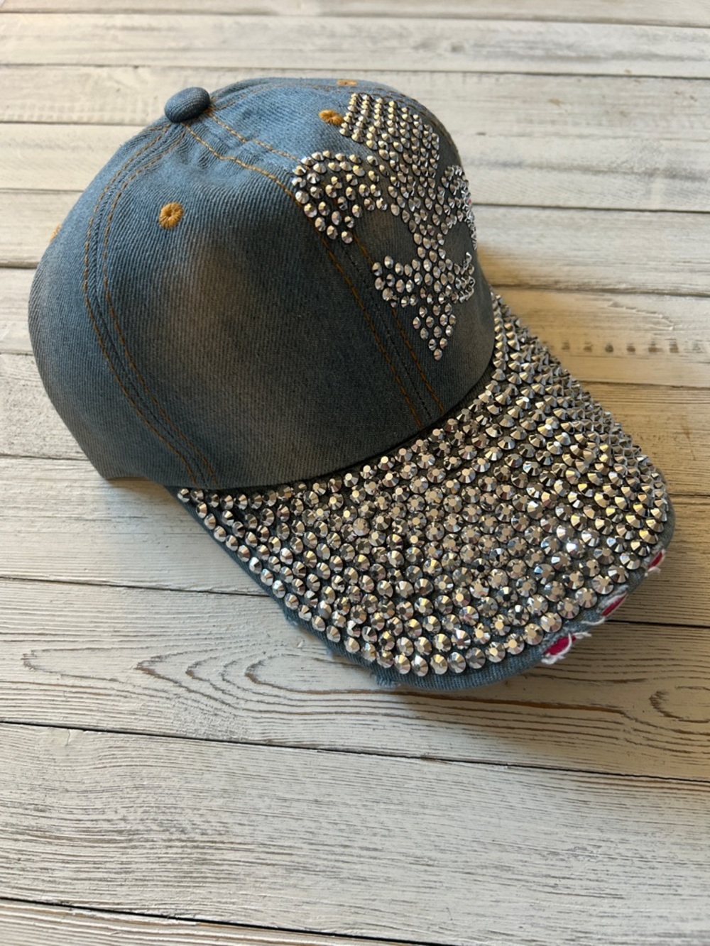 Rhinestone Studded Distressed Denim Baseball Cap  Sparkling Silver Saints Detail - Picture 3 of 6